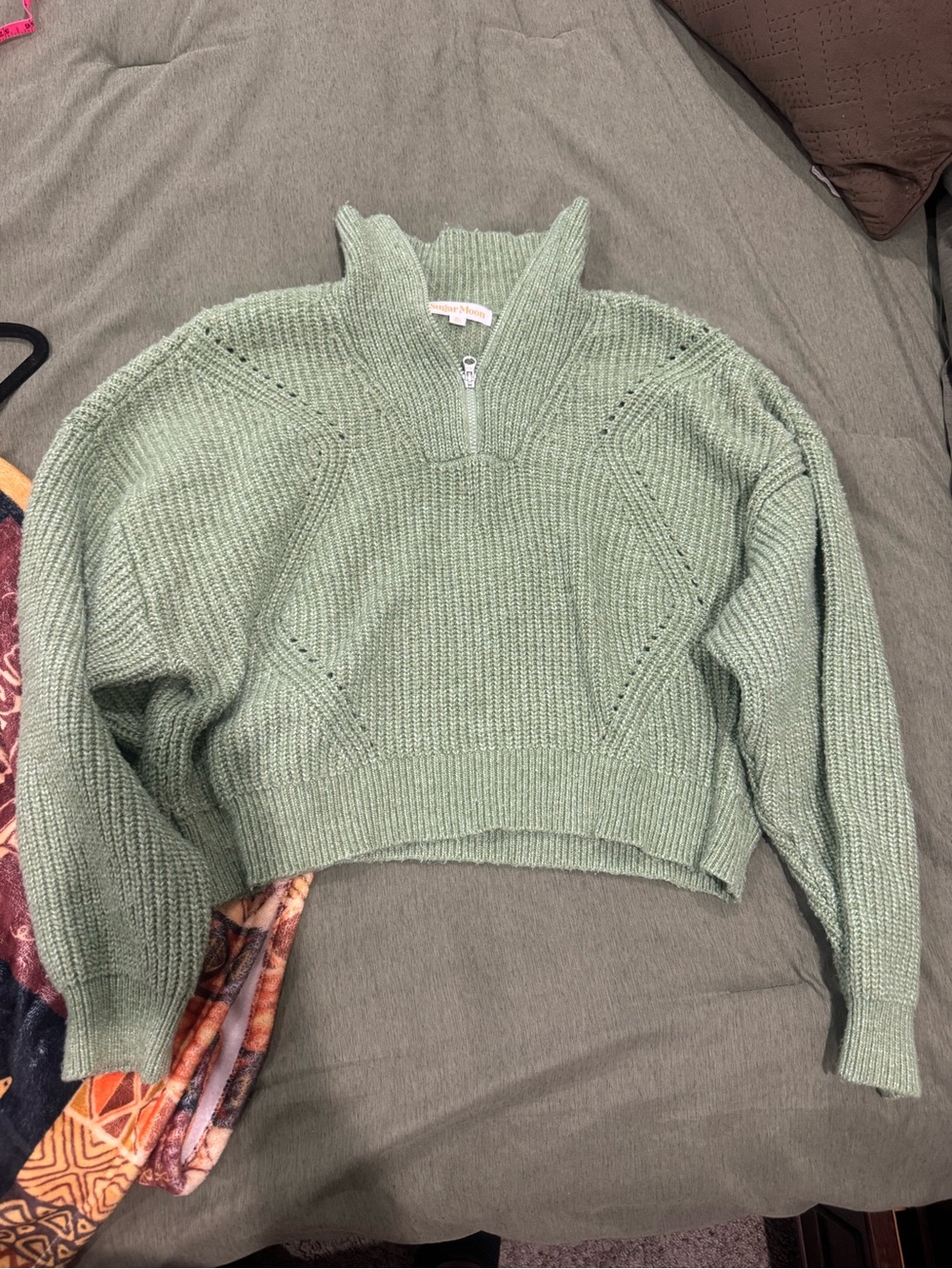 Half-Zip Knit V-Neck Sweater in Sage Green - Women